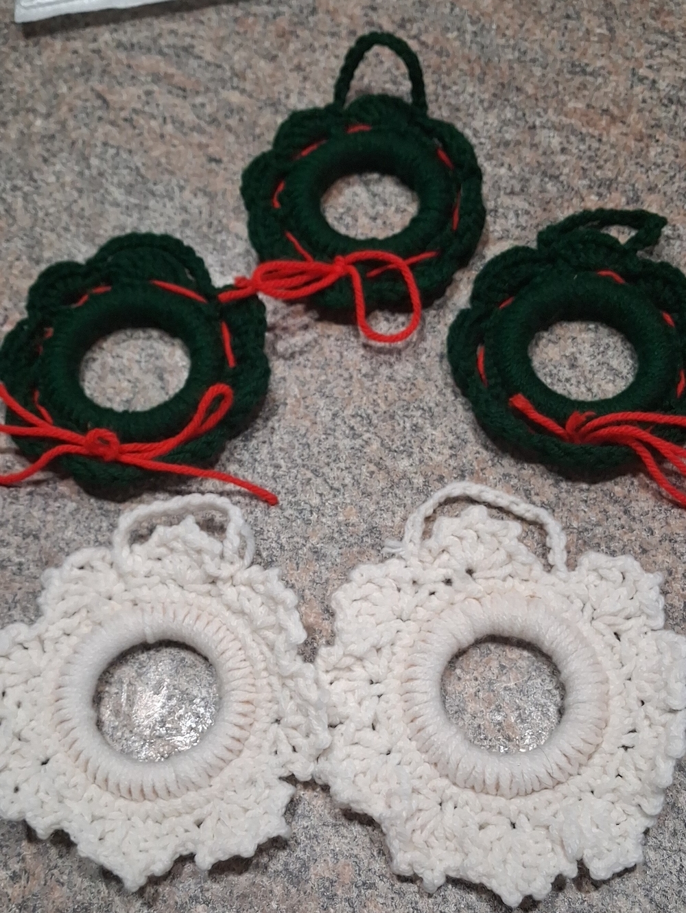 Handmade Green and Cream Crochet Holiday Ornament Set